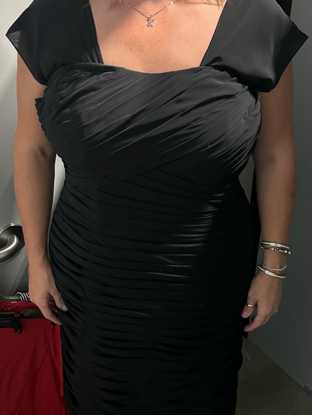 Black Ruched Midi Dress with Square Neck